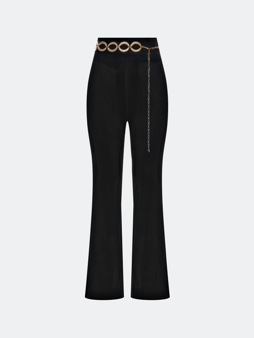 Бархатные брюки клеш с акцентым поясом