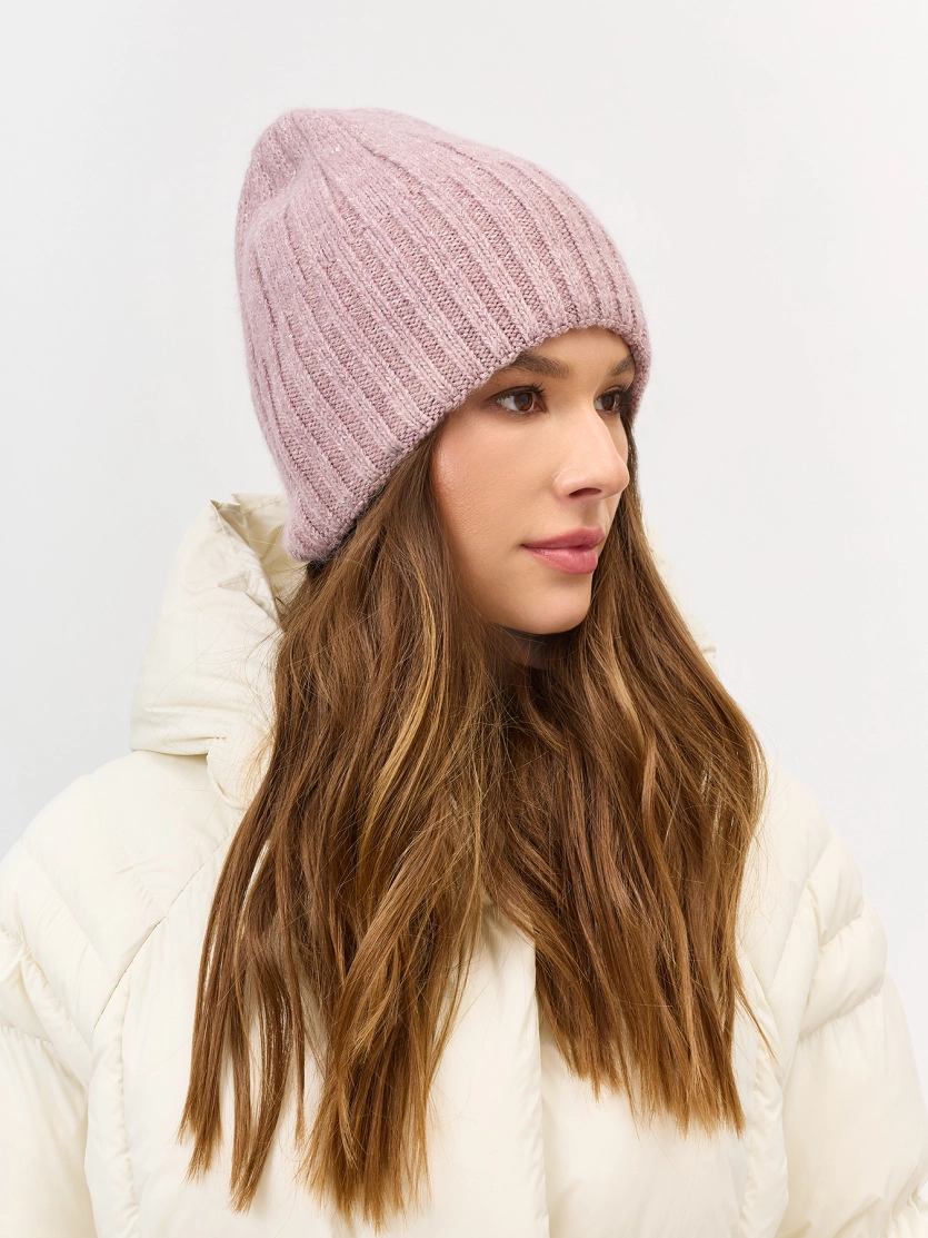 Шапка бини в широкий рубчик с ангорой