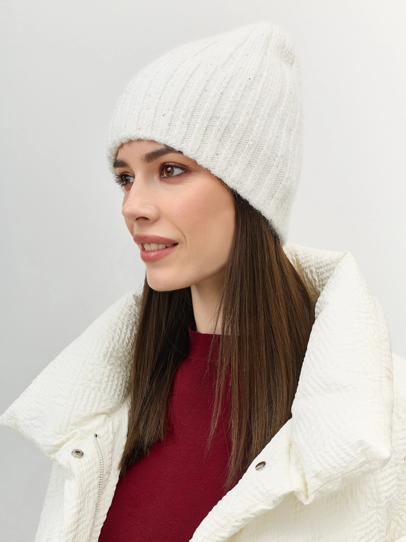 Шапка бини в широкий рубчик с ангорой