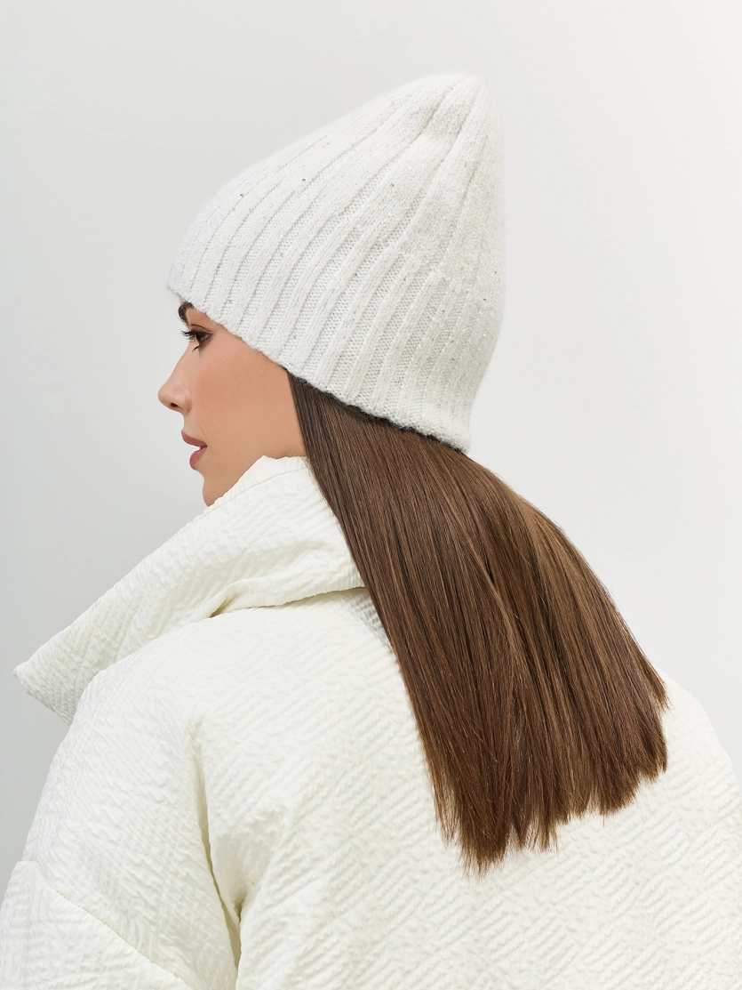 Шапка бини в широкий рубчик с ангорой