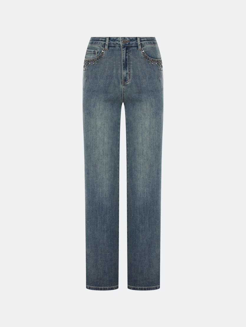 Джинсы с декором из мерцающих страз